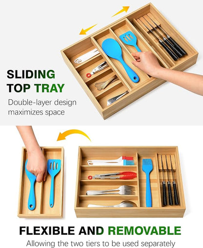 HULISEN Double Layer Bamboo Utensil Drawer Organizer, 2 Tier Silverware Cutlery Drawer Organizer with Sliding Top & Removable Knife Holder, Deep 8-Slot Kitchen Drawer Organizer