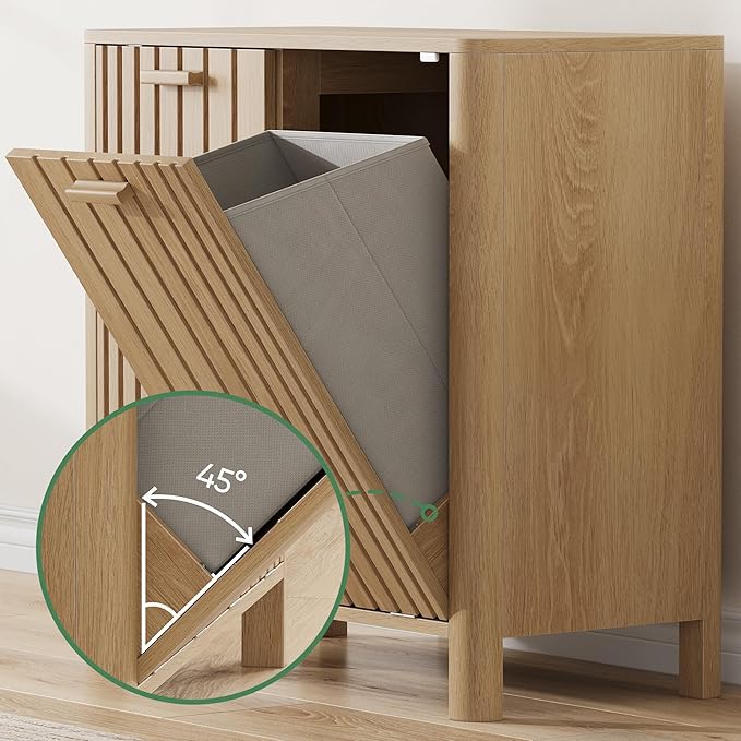 Double Tilt Out Laundry Hamper Cabinet, 11.8 Gallon Gradien Fluted Hidden Trash Cabinets with 2 Baskets for Bathroom Kitchen & Living Room, Freestanding Bathroom Storage Cabinet（Natural Oak）