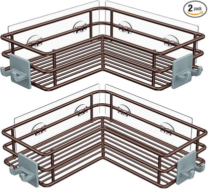 Nieifi Adhesive Corner Shower Caddy Shelf Basket Rack with Hooks, Rust Proof Stainless Steel Bathroom Shelf Shampoo Holder No Drilling (Brown)