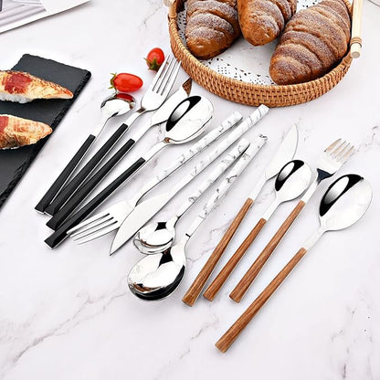 24Pcs Black Handle Silver Flatware Silverware Set, Stainless Steel Cutlery Set for 6, Square Handle Eating Utensils, Mirror Polished for Home Kitchen Bar Restaurant