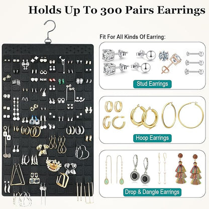 Dual Sided Hanging Jewelry Organizer with Hanger for Small Closet,Tangle Free Necklace Holder Over Door Large Capacity 300 Earrings+30 Necklaces, Soft Sturdy Felt Material,Gift Ready,1 Pack