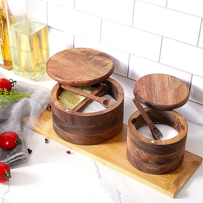 Acacia Wood Salt and Pepper Bowl, Nature Wood Salt Cellar and Spices Storage Box With Built-in Spoon and Magnetic Swivel Lid (Single Compartment 6.5 oz)