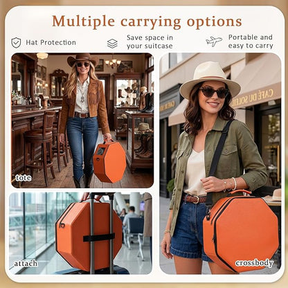 Vegan Leather Hat Box,Large Octagonal Hat Travel Fits 5 Cowboy or Wide-Brim Hats,Padded Hat Storage Organizer with Trolley Sleeve,Clear Window & Shoulder Strap,for Travel or Home Organization, Orange