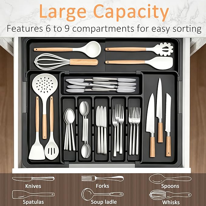 Spaclear Silverware Organizer Expandable Kitchen Utensil Drawer Organizer Large BPA Free Adjustable Cutlery Silverware Tray for Spoons Forks Knives Storage Divider for Kitchen Flatware 6-9 Slots Black