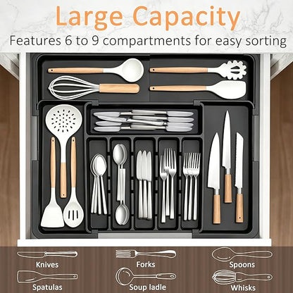 Spaclear Silverware Organizer Expandable Kitchen Utensil Drawer Organizer Large BPA Free Adjustable Cutlery Silverware Tray for Spoons Forks Knives Storage Divider for Kitchen Flatware 6-9 Slots Black