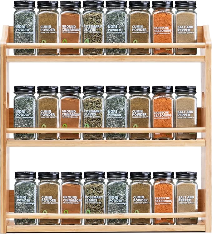 Bamboo Spice Rack Organizer, 3 Tier Spice Storage Rack with Handles, Wood Seasoning Jars Shelf for Kitchen Counter, Pantry or Wall Mounting