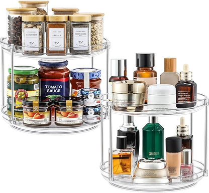 2 SET 2 Tier Non-Skid Acrylic Lazy Susan Organizer - Rotating Spice Rack - Turntable Spinning Organization for Kitchen, Pantry, Countertop, Closet, Bathroom, Vanity, Medicine Cabinet Organizing,9.25''