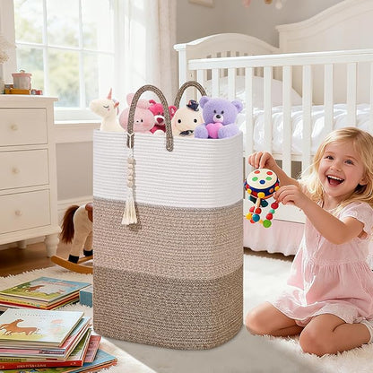 Woven Laundry Basket for Clothes,100 L Large Rectangle Laundry Hampers with Beads Tassel, Nursery Storage Basket for Toys, Tall Dirty Clothes Hamper for Bedroom Aesthetic, Laundry Room Organization