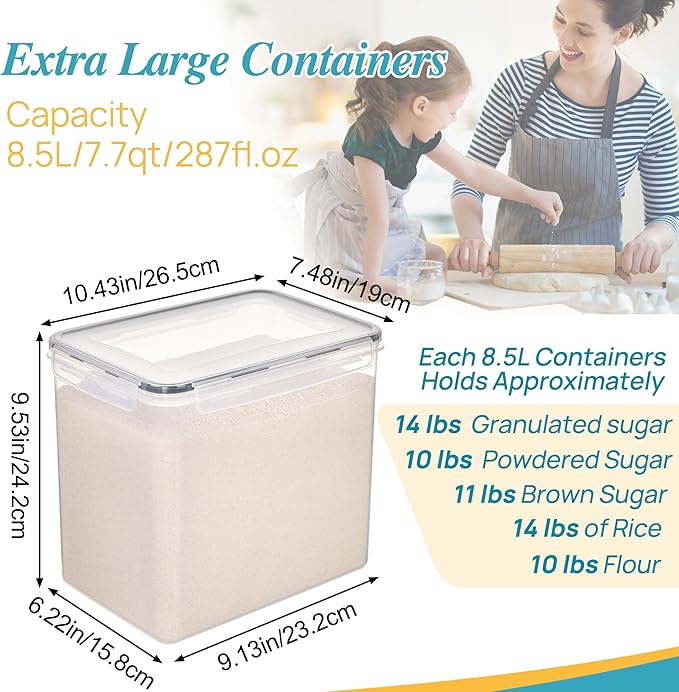 Vtopmart 8.5L 2 Pack Extra Large Flour Sugar Storage Containers for 20lbs flour, Airtight Kitchen Pantry Organization Canisters with Lids for Bulk food, Rice, Baking Supplies, BPA Free, Black
