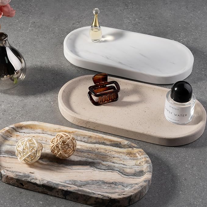 Koville White Marble Oval Tray for Bathroom Countertop, 10" x 5" Natural Marble Vanity Trays, Stone Perfume Organizer Tray for Decor, Jewelry Dish Perfume Trays for Dresser