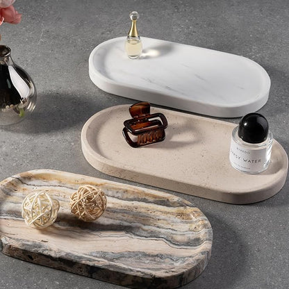Koville White Marble Oval Tray for Bathroom Countertop, 10" x 5" Natural Marble Vanity Trays, Stone Perfume Organizer Tray for Decor, Jewelry Dish Perfume Trays for Dresser
