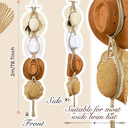Yulejo Macrame Hat Hangers Racks Boho Cowboy Hats Holders Western Display Organizer Storage decor Back of Door for Wall(Beige,Four Hats Style)