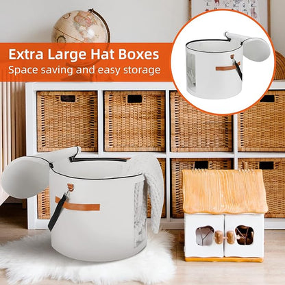 Large Hat Storage Box 19'' for Women and Men - Foldable Round Box With Lid, Felt Stuffed Animal Toy Storage Bin, White