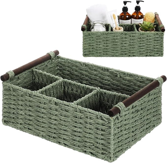 Remerry Sage Green Bathroom Countertop Organizer Caddy, Wicker-Like Divided Basket with Handle and Metal Frame, 4 Compartment, Paper Rope Storage Organizer for Vanity Kitchen (10.24 x 7.87 x 3.94 in)
