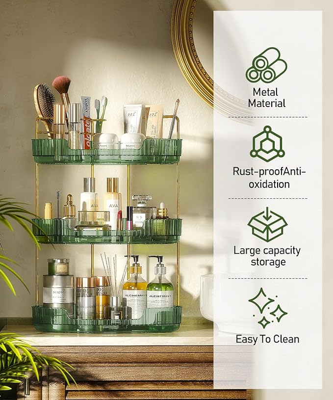 EUHOME 3-Tier Corner Bathroom Counter Organizer Makeup Cosmetic Storage, Tool-Free Installation Acrylic Vanity Shelf, Skin Care Organizer Perfume Tray for Countertop Bathroom, Dresser, Kitchen (Green)