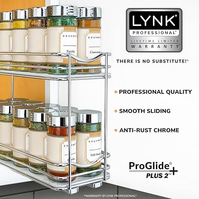 LYNK PROFESSIONAL® Pull Out Spice Organization for Cabinets - 4-3/8 inch Wide – Spice Rack for Inside Cabinets, Slide Out Spice Rack Organizer for cabinet – Pull Out Spice Rack, Sliding 2 Tier Chrome