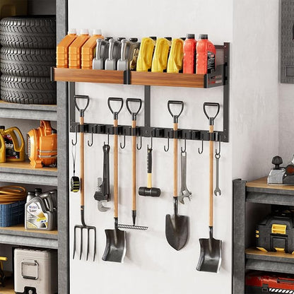 Broom and Mop Organizer Wall Hanging, Broom Holder Wall Mount with Cleaning Supplies Organizer, Broom Hanger Wall Mount with Storage Shelf and Hooks for Laundry Room Garage Kitchen