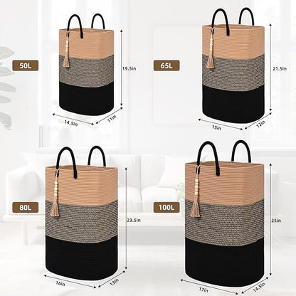 Woven Laundry Basket for Clothes, 50 L Large Rectangle Laundry Hampers with Beads Tassel, Nursery Storage Basket for Toys, Tall Dirty Clothes Hamper for Bedroom Aesthetic, Laundry Room Organization