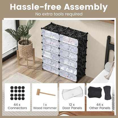 COSTWAY Shoe Rack Organizer, 6 Tier Shoe Shelves with Covers, DIY Design, 24-Pair Stackable Cube Organizer Boxes, Freestanding Shoe Cabinet for Entryway Bedroom Closet Hallway (Black)