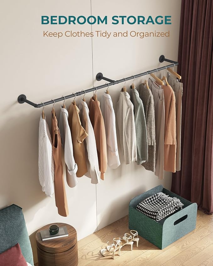 OROPY Clothes Rack, 65.7" Industrial Pipe Clothing Rack for Hanging Clothes, Wall Mounted Heavy Duty Space Saving Garment Rack for Closet Storage, Black, 3 Base