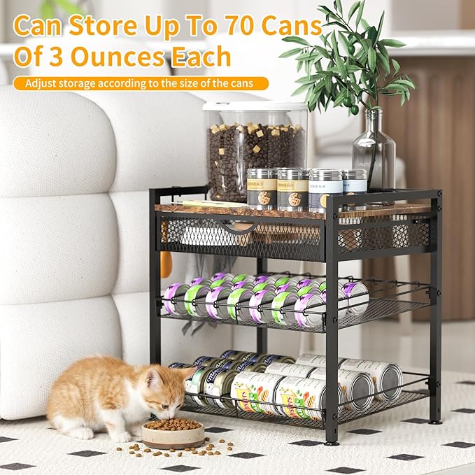 Cat Food Organizer，2 Floors Bring Drawer Storage Rack, Manually Adjust The Gap Size，Store Suitable Can Sizes Container，Automatic Slip Design，Suitable For Pet Food Canned Food Dispenser
