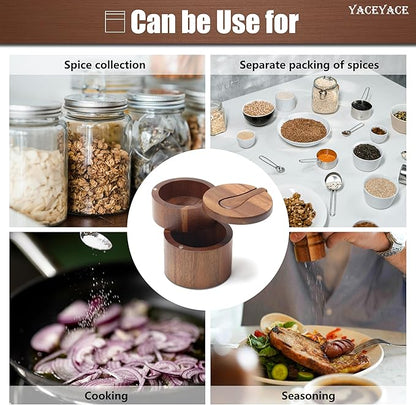 Salt Bowl with Spoon, 7oz Salt and Pepper Containers Triple Compartment, Small Acacia Salt Containers for Countertop, Salt Cellar for Kitchen