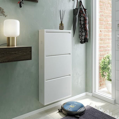 CEHA 3 Tier Metal Shoe Cabinet with Cover, Durable Shoe Storage Organizer for Entryway, Space Saving Shoe Shelf Closet with Side Ventilation Holes, 5.91" x 40.6" x 19.68", White
