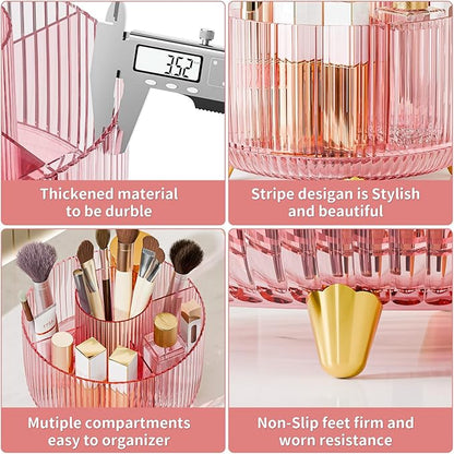 Clear Rotating Makeup Organizer Countertop for Vanity, 360° Makeup Brush Holder Organizer with 5 Compartments, Transparent Cosmetic Storage for Lipstick, Skincare, Bathroom Counter (Transparent Pink)