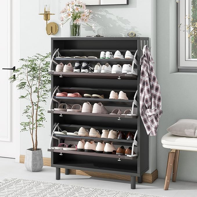Classic Shoe Cabinet with 3 Flip Doors Free-Standing Wooden Shoe Rack Shoe Storage Organizer for Entryway Hallway Small Space (Black&Dark Brown)