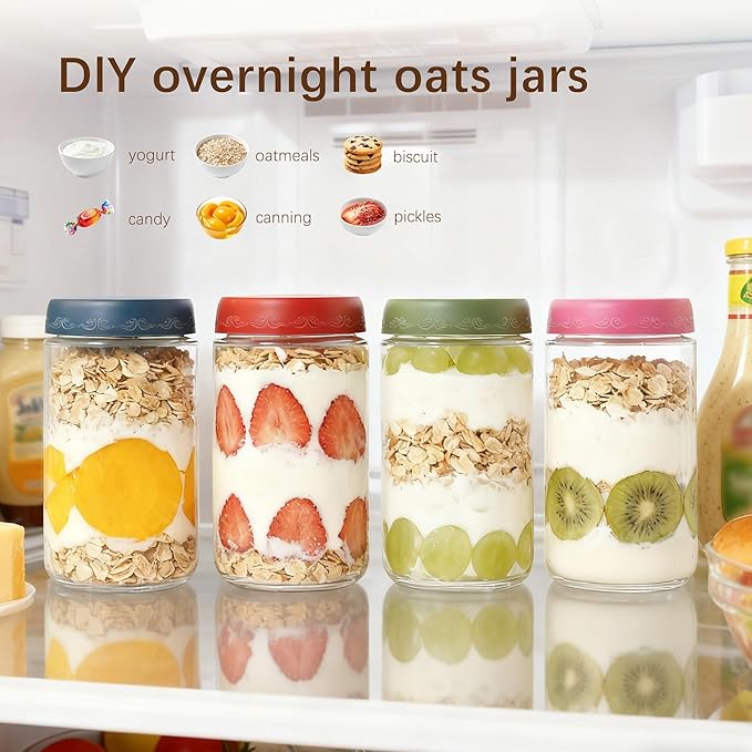 24 OZ Overnight Oats Jars with Lids 4 Pack, Glass Meal Prep Containers, Reusable Food Storage Jars, Airtight Mason Jars for Breakfast, Yogurt Parfait, Salad, Smoothies(4-1)