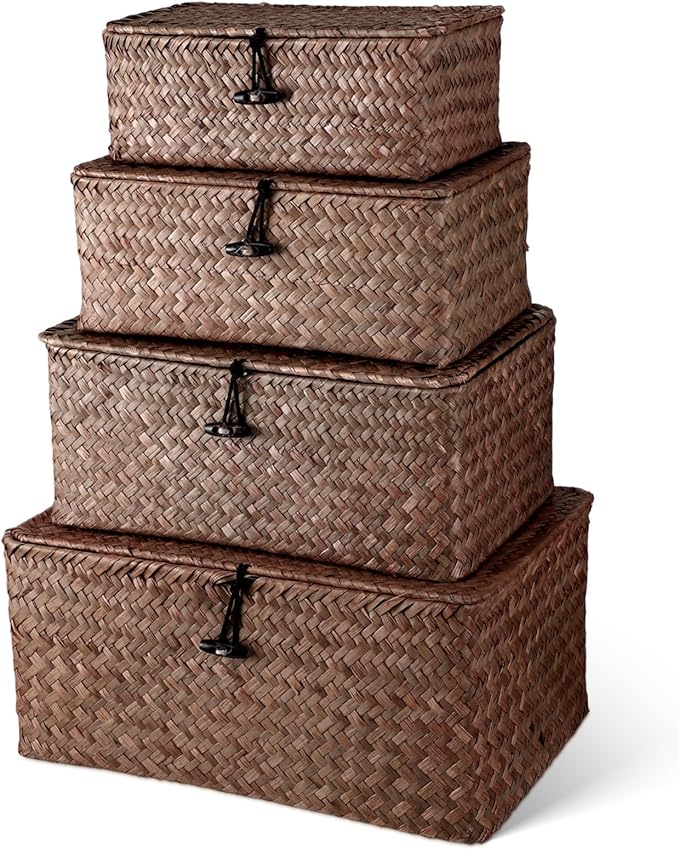 Woanger Set of 4 Wicker Baskets with Lids, Nautral Seagrass Storage Baskets, Woven Rectangular Basket Bins, Rattan Storage Organizer for Shelf Closet Bedroom(Coffee)
