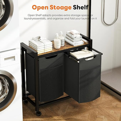 DUMOS Laundry Hamper with 2 Pull-Out Removable Sorter Bags, Movable Wheels, Freestanding Clothes Basket Organizer in Bathroom, 2 × 13.1Gal (99L) Capacity, Rustic Brown and Black