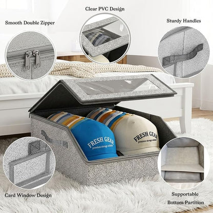 Hat Organizer for Baseball Caps Stackable Hat Storage Box with Clear Window holds up to 24 Caps Hat Storage for Closet Dustproof Foldable Closet Hat Organizer with Handles & Hollow Board Support
