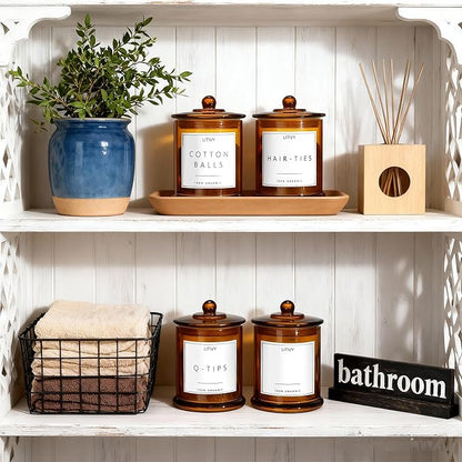 LITIVY 4 Pack Bathroom Organizers and Storage - 16 Oz Glass Qtip Holder & Cotton Pad Dispenser with Lid, Apothecary Jars for Home, Room Decor, Kitchen Organizer (Amber)