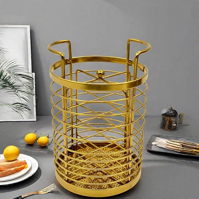 ZECNG Gold Kitchen Divided Organizer, Kitchen Countertop Holder for Serving Utensils, Stainless Steel Mesh Storage Baskets for Holding Knife Fork Spoon