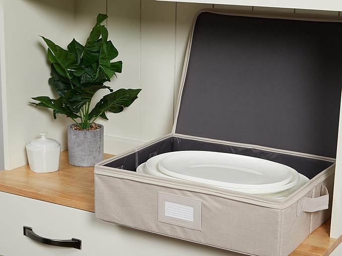 Covermates Platter Storage Box – Serveware & China Storage Container with Dual Zippers, ID Window, Reinforced Handles & Structured Walls for Platter, Dish & Serving Tray Protection, Beige Heather
