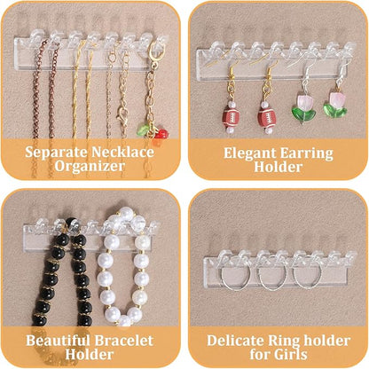 6 Pcs Necklace Holder, Hanging Jewelry Organizer, Wall Mount Jewelry Organizer with 8 Hooks, No-Drill Adhesive Hanging Racks Jewelrys Display for Rings, Earrings
