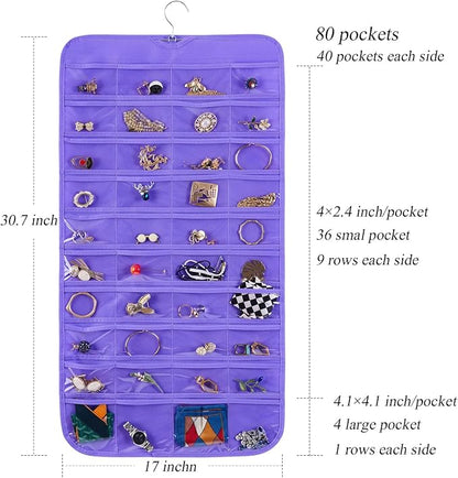 Bloss Hanging Jewelry Organizer, Double Sided 80 Pocket Jewelry Chain Storage Bag 2 Layer of Fabric Jewelry Organizer Holder for Necklace Bracelet Earring Ring Chain Knitting Tool - Purple