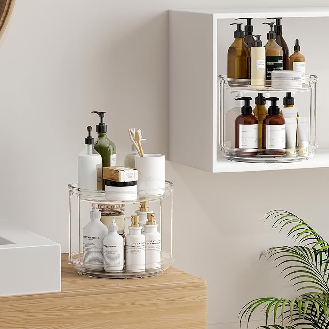 2 Pack 2 Tier Lazy Susan Turntable Organizer 9.25 inch, Rotating Spice Rack Organization for Cabinet, Bathroom, Pantry, Countertop, Kitchen, Vanity, Medicine Cabinet Organizer, Clear