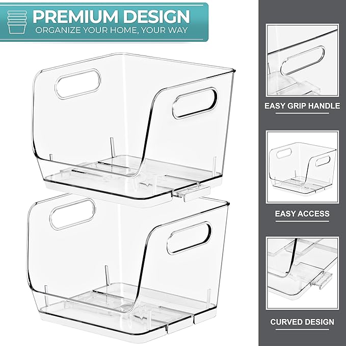 Sorbus Stackable Storage Bins Open Front, Clear Stackable Storage Bins, Pantry Bins for Storage and Organization, Acrylic Stackable Bins for Kitchen, Clear Pantry Organizer Bins (Small Square 8 Pack)