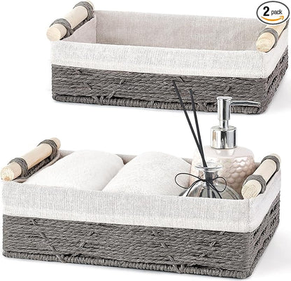 Mkono Woven Storage Basket Wicker Baskets for Organizing Toilet Paper, Decorative Bins with Handle for Toilet Tank Top Countertop Shelves, Decor for Bedroom Living Room Apartment, Set of 2, Grey