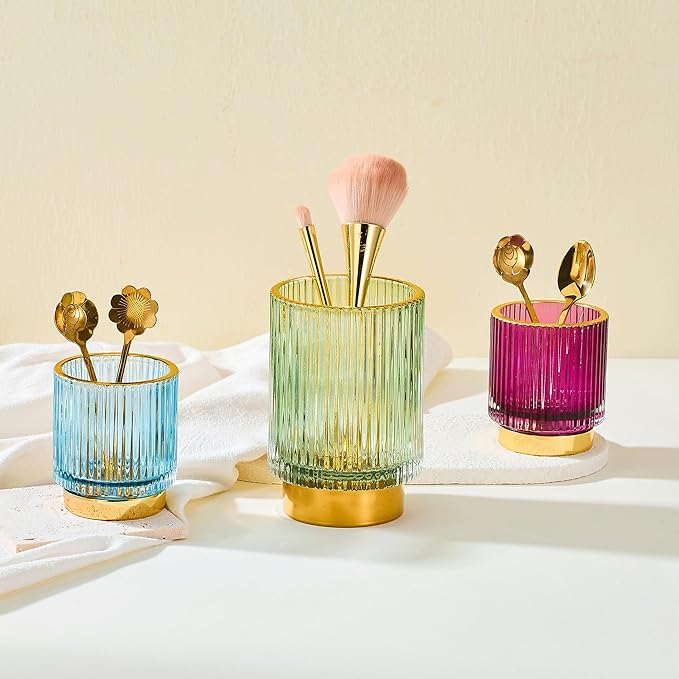 Makeup Brush Organizer, Toothbrush Holder, Desk Pen Pencil Holder, Multifunctional Vintage Glass Brush Cup (S/Blue/A3-13-US)