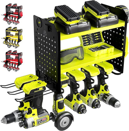 BUILTSTRONG Power Tool Organizer Wall Mount – 3-Tier Heavy-Duty Steel Rack, 6 Drill Slots, Dual Pegboard Sides, Side-by-Side Modular, 100 lb Capacity – Garage & Workshop (Green)