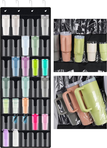 NiHome 35-Pocket Large Capacity Door Cup Organizer Fit for Stanley Tumblers 30oz, 40oz, Door Hanging Water Bottle Storage with Double-Sided Tape Stabilizer, Waterproof Oxford Fabric, Transparent