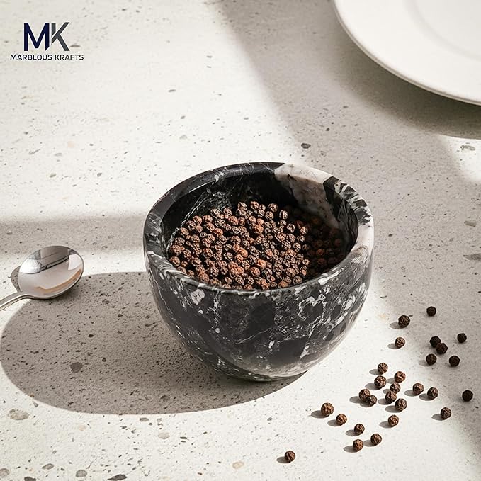 MARBLOUS KRAFTS Marble Salt Cellar with Lid and Spoon Black Zebra 3 x 4 Spice Container for Kitchen Countertop, 4.7 oz, Sugar Candy Bowl, Seasonings, and Kosher Salt, Perfect Mother’s Day Gift for Mom
