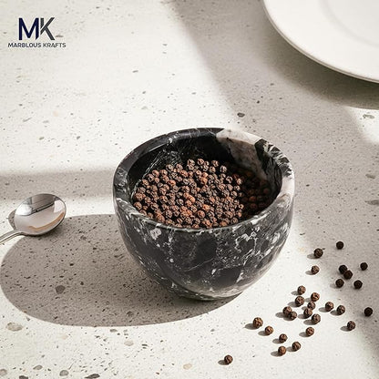MARBLOUS KRAFTS Marble Salt Cellar with Lid and Spoon Black Zebra 3 x 4 Spice Container for Kitchen Countertop, 4.7 oz, Sugar Candy Bowl, Seasonings, and Kosher Salt, Perfect Mother’s Day Gift for Mom