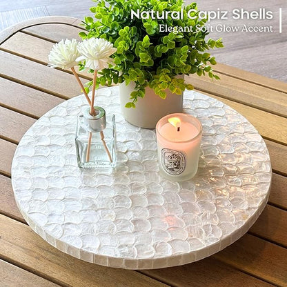 CHI AN HOME 12 Inch Capiz Lazy Susan, Decorative Lazy Susan Turntable Centerpiece for Dining Table, Kitchen Counter, Round Mother of Pearl Capiz Shells Spinning Tray for Countertop & Tabletop (White)