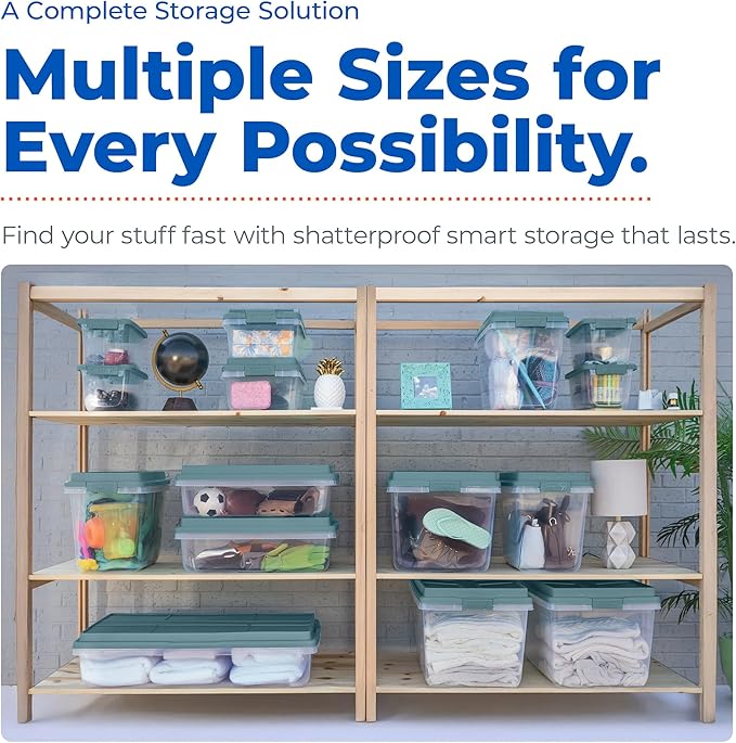 Hefty HI-RISE 32 Qt Stackable Storage Bins with Lids – 6 Pack Clear Plastic Under Bed Storage Containers, Shoe Organizer Boxes with XL Lid-Locking Latches, Comfort-Grip Handles, Durable Double Rim