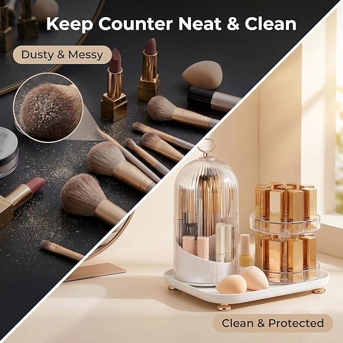 Makeup Brush Holder with Lid, 360° Rotating Makeup Organizer, Large Capacity Dustproof Storage Box & Lipstick Display Stand, Multifunctional Desktop Vanity Organizer with Easy Access