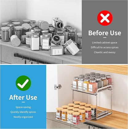 BOIVSHI Pull Out Spice Rack, 2 Tier Spice Organization for Cabinet, Heavy Duty Spice Rack, 9-1/4 inch Wide - Spice Racks for Inside Cabinets, Kitchen, Pantry - Chrome, 9.25”W x 10.39”D x 9.76”H